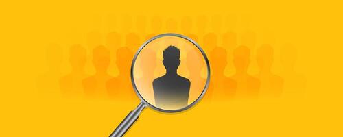 job opportunity, we are hiring banner template with magnify glass with crowd for looking at best candidate for offer in the job in yellow background vector