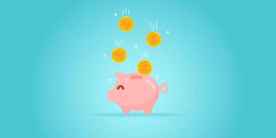 pink piggy bank with falling gold coins in blue background for saving money, investing, future planning vector
