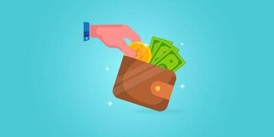wallet with bank cash note and hand taking gold coin out as saving money on your wallet, trading, shopping, selling, paying, making money concept banner background vector