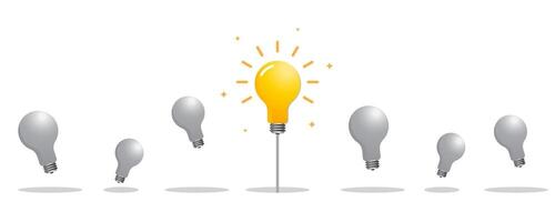 lighted yellow bulb among dark bulb as new idea comes with lot of try in white background vector