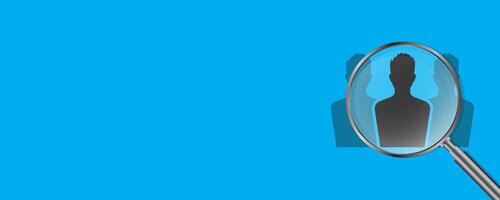 we are hiring or looking best candidate for job, office as internship in magnify glass with men in blue background vector