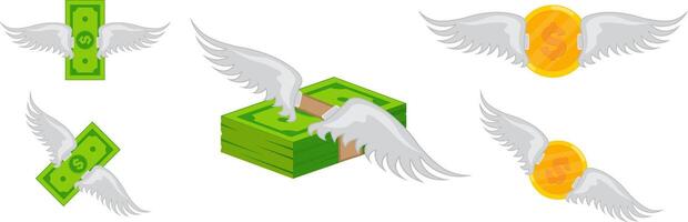 flying coins and cash notes in front view and 3d view for business icons set vector