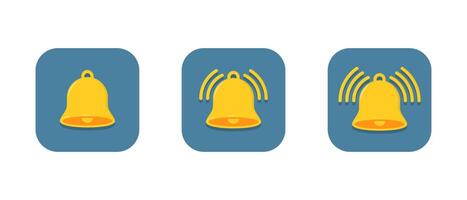 Bell flat icon set with shadow. Alarm notification, reminder sign symbol on square background vector
