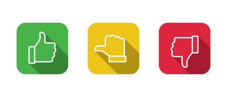 Like, neutral, and dislike hand outline icon with long shadow. Thumb up, middle, and down sign symbol on square background vector