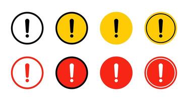 Alert warning sign icon set collection in flat design. Exclamation mark on circle shape. Caution symbol vector