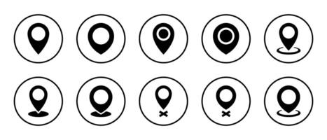 Location map pin icon set on circle line. Place marker sign symbol vector
