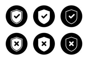 Shield check mark and cross icon on black circle. Safe and unsafe defense concept vector