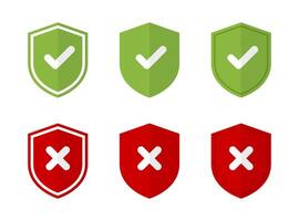 Shield with check mark and cross icon set with shadow. Safe and unsafe sign symbol vector