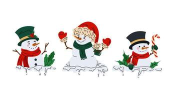 Set funny snowmen. Christmas character for cards, posters, prints. Frame or border with snowman. Festive decor on a white background. vector