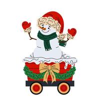 Funny snowman with mittens and hat in train carriage. Frame or border with a snowman. Festive decor on a white background. vector