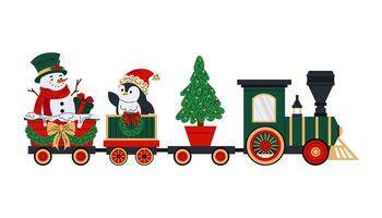 Toy train with snowman, penguin and Christmas tree. Steam train with wagons decorated Christmas wreaths and bows. Flat illustration on white background. vector