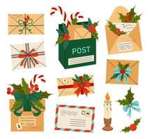 Post office. Set of open paper envelopes with letters. Letters to Santa Claus, congratulations. Flat illustration on white background. vector