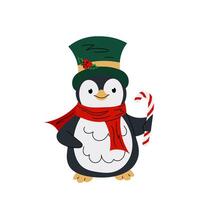 Cute penguin with candy cane. Polar or Arctic Bird. Christmas character in flat style on white background. vector