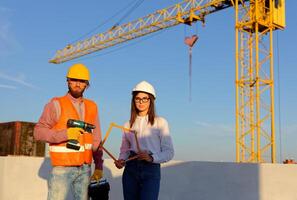 Construction workers holding tools at building site with crane photo