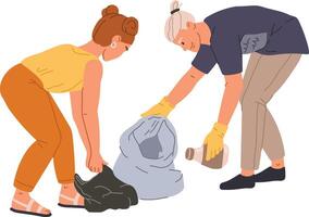 Two volunteers wearing gloves are collecting trash and plastic bottles in garbage bags, working together to clean up the environment and protect nature vector