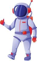 Cartoon astronaut wearing a colorful spacesuit, complete with a red backpack and red gloves, walks confidently while giving a thumbs up, expressing approval and success in space exploration vector