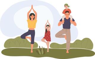 Mother, father, daughter, and son practicing yoga together in tree pose, surrounded by lush greenery in a park, cherishing quality time and embracing a healthy, active lifestyle vector