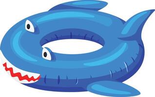 Inflatable shark shaped swimming ring floating on white background represents summer fun, pool parties, and beach vacations, offering safety and enjoyment for water activities vector