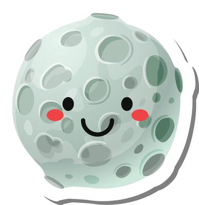 Cartoon moon with craters and a smiling face, expressing happiness and joy, perfect for children's books, educational materials, or any project needing a cute and friendly lunar character