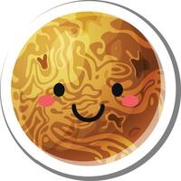 Round sticker of a kawaii style smiling jupiter planet, perfect for children's educational materials about space and the solar system, promoting a playful approach to astronomy vector