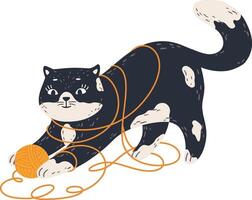 Adorable black and white cat playfully engaging with a ball of vibrant orange yarn, getting delightfully tangled in the soft string while enjoying a moment of pure amusement vector