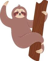 Cartoon illustration of a smiling sloth waving with one hand while hanging on a tree branch, showcasing its relaxed and friendly nature in a vibrant, playful style vector