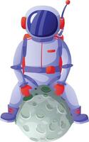 Astronaut wearing a spacesuit and helmet sits atop a large asteroid, embarking on an exciting journey through the vast expanse of outer space vector