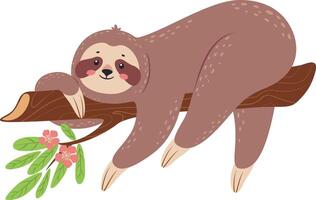 Adorable cartoon sloth hanging upside down on a tree branch adorned with pink flowers and green leaves, embodying a peaceful existence in the rainforest vector