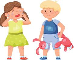 Little girl is crying and wiping tears, while boy is holding two halves of a broken toy rabbit, bad boy behavior, conflict between children, bullying at playground vector