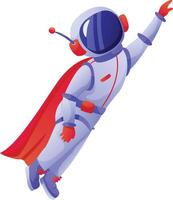 Superhero astronaut soaring through the cosmos in a vibrant red cape and sleek spacesuit, confidently pointing while navigating the vastness of space vector