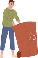 Young man pushing a large recycling bin on wheels, actively participating in waste management and promoting environmental awareness through responsible recycling practices vector