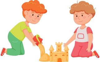 Two young boys are happily building a sandcastle together on the beach, one pouring sand from a bucket while the other shapes the walls, enjoying their summer vacation vector