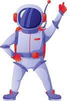 Astronaut wearing a spacesuit points upward with one hand while placing the other hand on the hip, suggesting a direction or highlighting something above vector