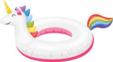 White inflatable swimming ring shaped like a unicorn with colorful mane and rainbow tail floating on a white background representing summer fun and pool parties vector