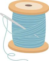 Light blue thread wound neatly on a wooden spool features a needle inserted, offering readiness for various sewing, embroidery, or needlework projects and crafts vector