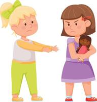 Selfish little girl is refusing to share her doll with her sad friend, showcasing a typical childhood conflict related to sharing and possession vector