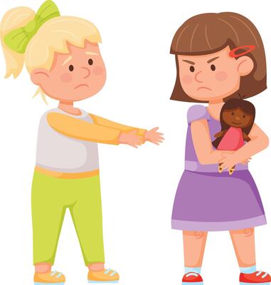 Selfish little girl is refusing to share her doll with her sad friend, showcasing a typical childhood conflict related to sharing and possession