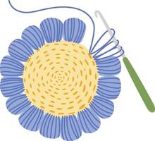 Crochet hook featuring a vibrant green handle skillfully crafting a beautiful blue and yellow flower with soft blue yarn, ideal for various hobby and craft projects vector