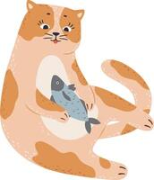 Adorable ginger cat joyfully embracing a freshly caught fish, creating a heartwarming scene filled with pet affection and the joy of nourishment in a playful moment vector