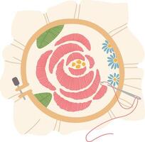 Needle and thread embroidering a pink rose and blue daisies on a circular hoop, showcasing the art of needlework and creating a beautiful floral design vector