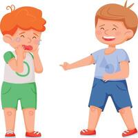 Preschool boy laughing and pointing at another boy covering his face in tears, highlighting conflict, mockery, and negative emotions in a school setting vector