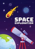 Telescope pointing at planets, comet and stars is exploring the beauty of deep space, searching for new worlds and expanding scientific knowledge vector