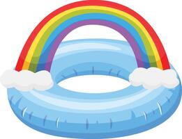 Vibrant illustration of a blue inflatable ring featuring a colorful rainbow arching over it, with fluffy white clouds at each end, creating a cheerful summery scene against a clean white backdrop vector