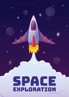 Cartoon spaceship is launching from earth to explore and colonize new planets in deep space, with smoke plume and stars visible in the background vector