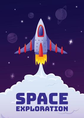 Cartoon spaceship is launching from earth to explore and colonize new planets in deep space, with smoke plume and stars visible in the background