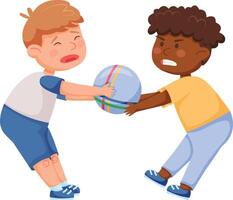 Two children fighting over a ball, one crying while the other displays anger, illustrating themes of bullying and racism in a playground setting. Conflict and emotions are evident vector