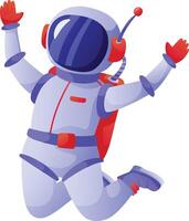 Cartoon astronaut wearing a vibrant spacesuit with red and blue accents, joyfully jumping with arms raised, celebrating a successful mission in the vastness of outer space vector