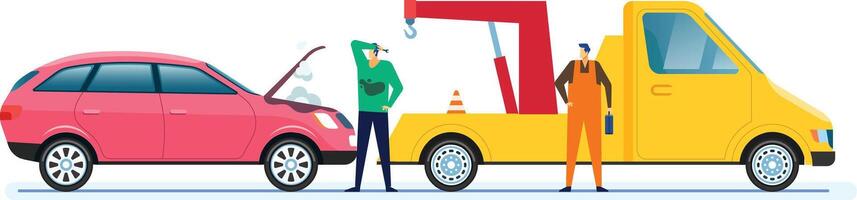 Tow truck driver assisting a distressed motorist with a malfunctioning pink car, smoke billowing from the open hood, highlighting the urgency of the roadside emergency vector