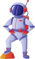 Cartoon illustration of astronaut wearing spacesuit with oxygen backpack standing on mars surface posing with hands on hips, showing confidence and determination in space exploration vector