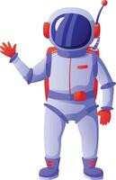 Astronaut in a modern spacesuit, complete with a red backpack and gloves, waving enthusiastically while preparing for an exciting spacewalk and adventurous exploration in outer space vector